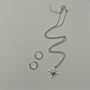Silver Starburst Necklace and Hoop Earrings Set